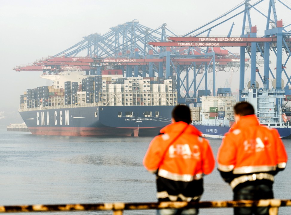 World's Largest Container Ship Docks At Hamburg Harbour