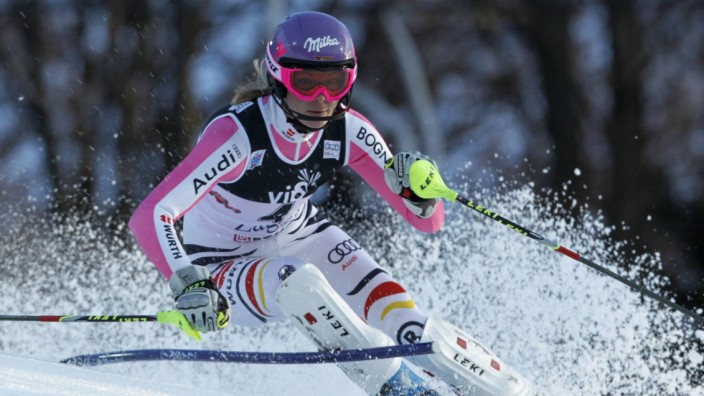Hoefl-Riesch of Germany clears gate during first run of Alpine Skiing World Cup women's slalom ski race in Zagreb