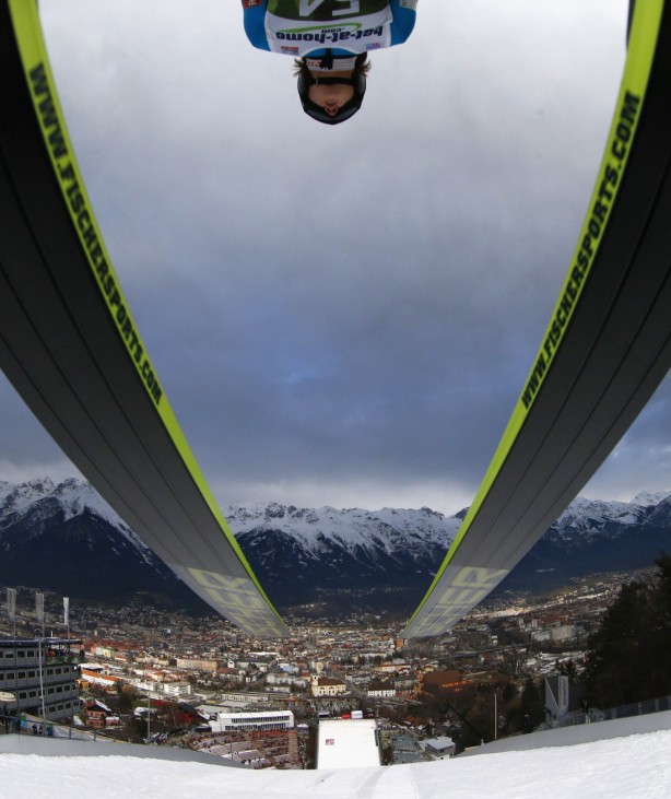 Norway's Tom Hilde takes off from ski jump during first practice session for third jumping of 61st four-hills ski jumping tournament in Innsbruck