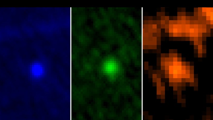 Weltraumforschung: Eine Aufnahme des Weltraumteleskops Herschel der europäische Raumfahrtbehörde Esa vom Januar: Sie zeigt den Asteroiden Apophis in den drei Wellenlängen 70, 100 und 160 Micron.