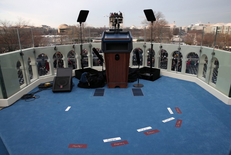 Placemarks are set for the Obama and Biden families before the presidential inauguration on the West Front of the U.S. Capitol in Washington
