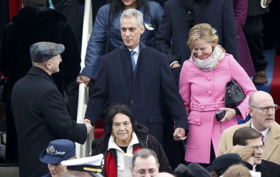 Rahm Emanuel, Mayor of Chicago, arrives with his wife Amy Rule for the swearing-in ceremonies for President Obama on the West Front of the U.S. Capitol in Washington