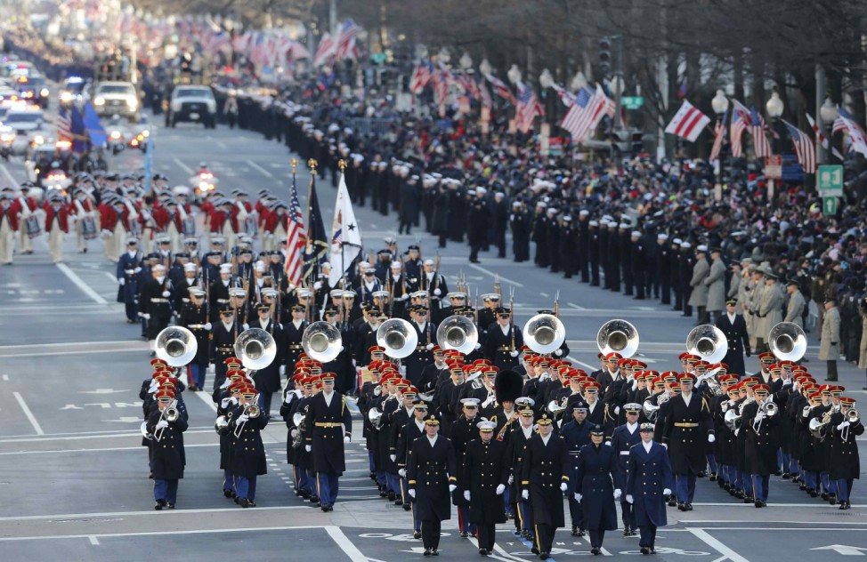 Military marching bands perform in the inaugural parade in Washington