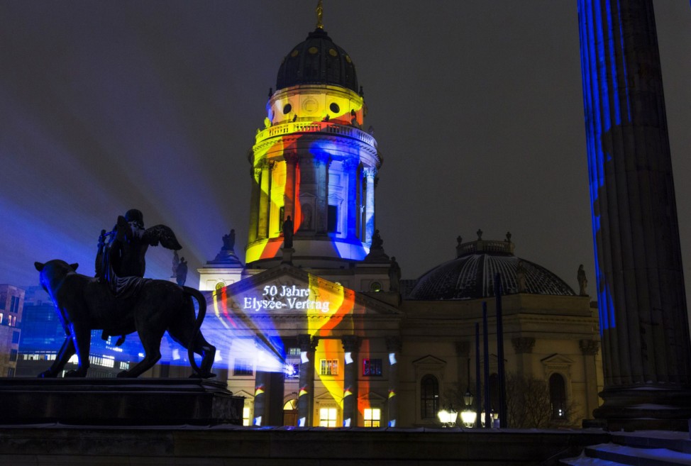 Projection illuminates German Cathedral in the Gendarmenmarkt square in Berlin marking the 50th Anniversary of the Elysee Treaty
