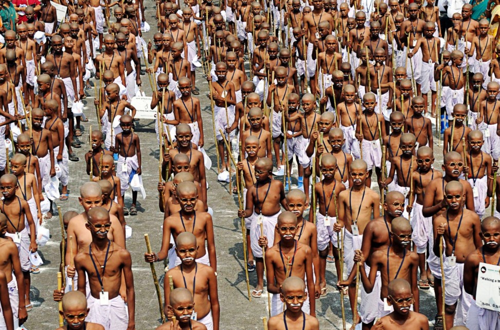 School children dressed as Mahatma Gandhi assemble to mark his anniversary in Chennai