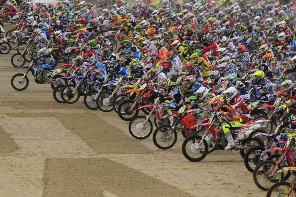 Bikers start on sandy beach as they take part in the 'Enduropale' motorcycle endurance race on the beach of Le Touquet