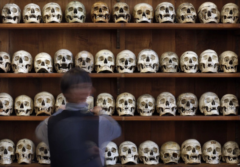 A staff member arranges skulls at Lombroso Museum in Turin