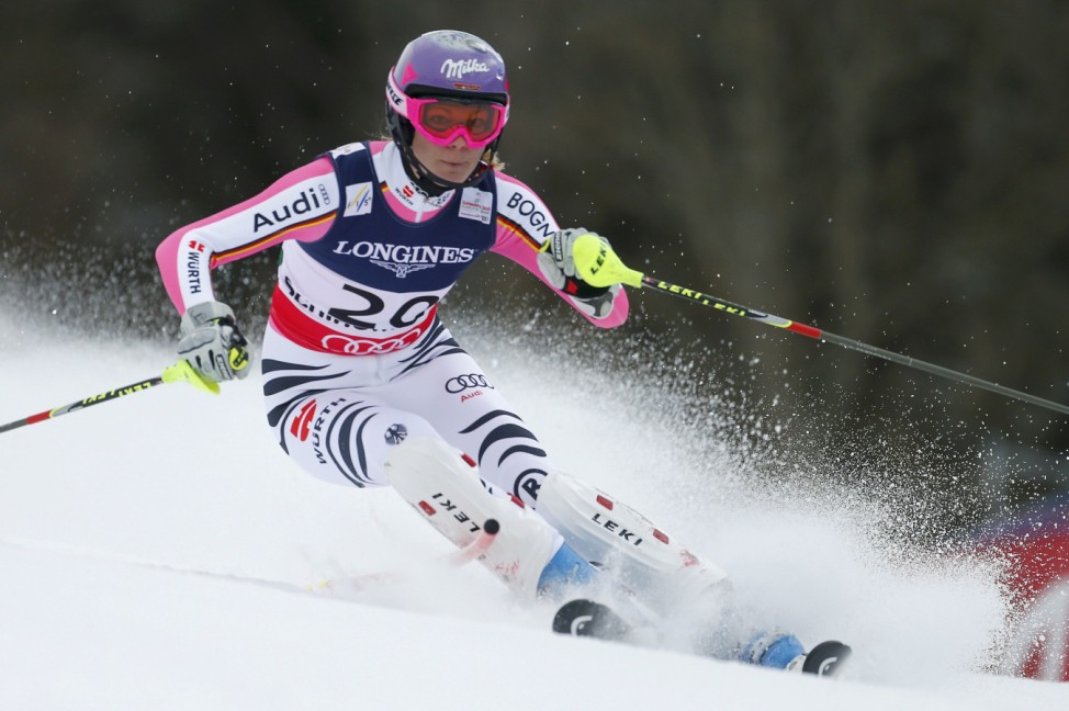 Maria Hoefl-Riesch of Germany skis during the women's super combined Slalom race at the World Alpine Skiing Championships in Schladming