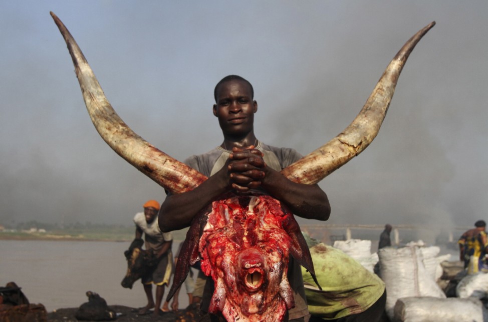 A man carries a cow head at the Swali slaughter site in Yenagoa, the capital city of Nigeria's oil state of Bayelsa