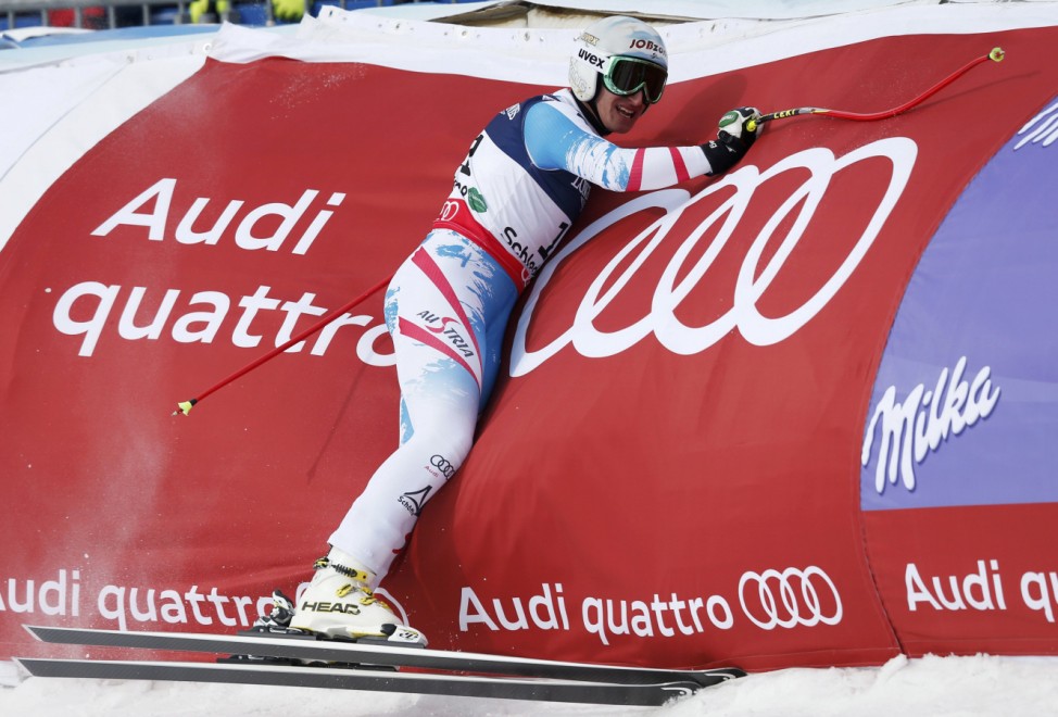 Matthias Mayer of Austria reacts at the finish line during the men's super combined Downhill race at the World Alpine Skiing Championships in Schladming