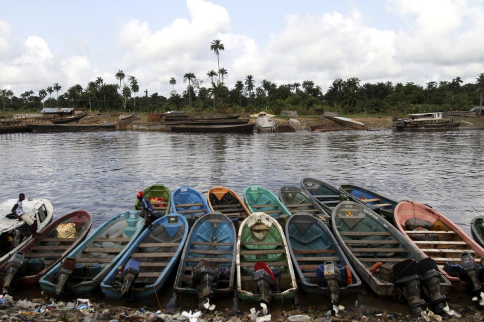 Speedboats are arranged along a jetty in Yenagoa, the capital of Nigeria's oil state of Bayelsa