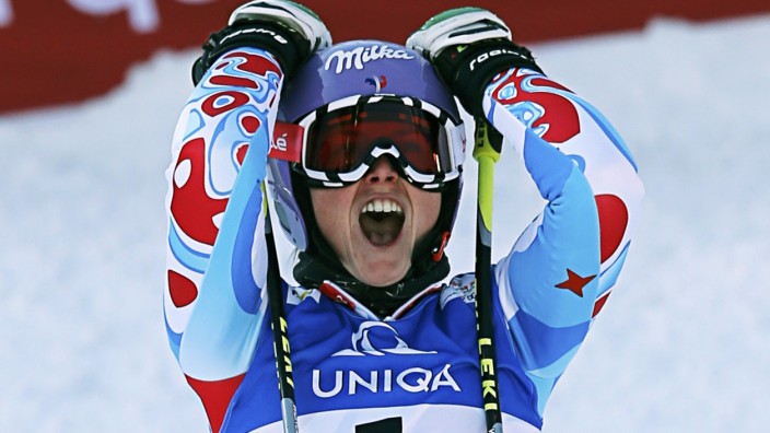 Tessa Worley of France reacts after her second run of the women's Giant Slalom race at the World Alpine Skiing Championships in Schladming