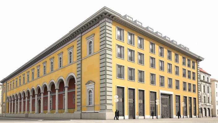 Louis Vuitton in der Residenzpost: So wird das Gebäude aussehen, sobald die Baustelle geräumt ist und die neue Fassade zum Vorschein kommt - links die historische Bogenhalle von Leo von Klenze.