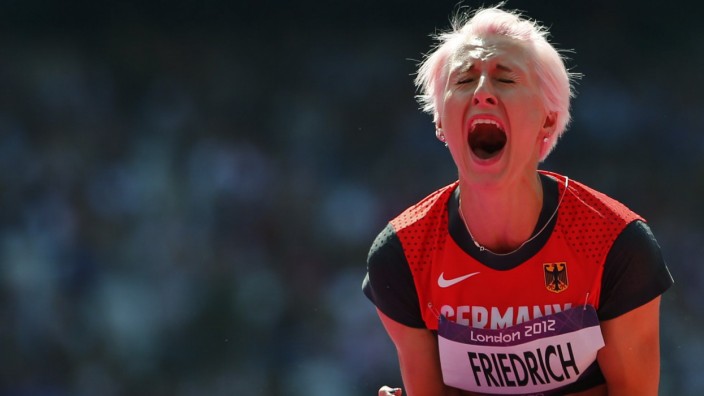 Germany's Ariane Friedrich reacts during the women's high jump qualification at the London 2012 Olympic Games