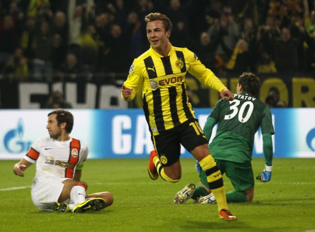 Borussia Dortmund's Mario Goetze celebrates his goal against Shakhtar Donetsk during their Champions League soccer match in Dortmund