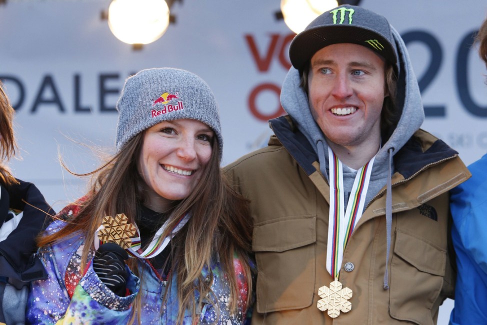 Kaya Turski from Canada and Thomas Wallisch of the U.S. show off their gold medals at the Freestyle World Ski Championships in Voss