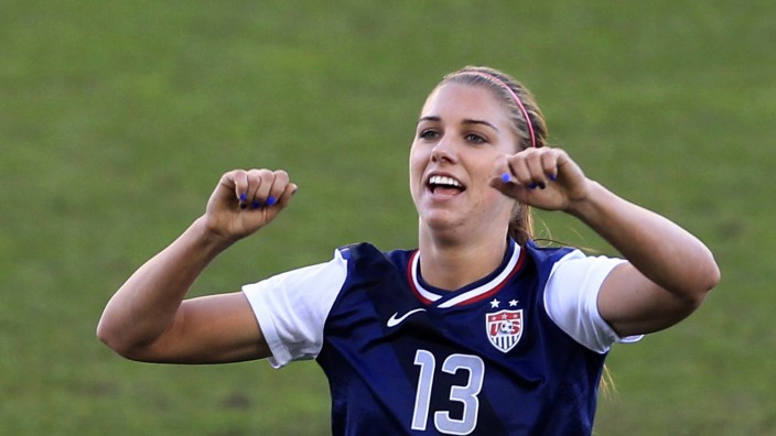Alex Morgan of the U.S. celebrates her goal against Germany during the Algarve Women's Soccer Cup final match