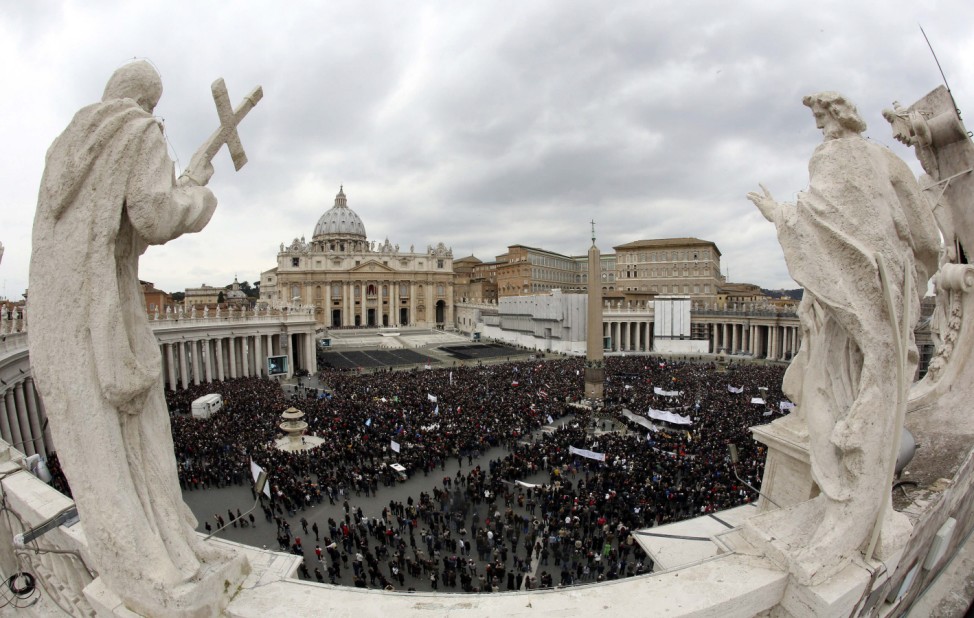 A general view of St. Peter's Square as newly elected Pope Francis appears at the window of his future private apartment to bless the faithful, during the Sunday Angelus prayer at the Vatican