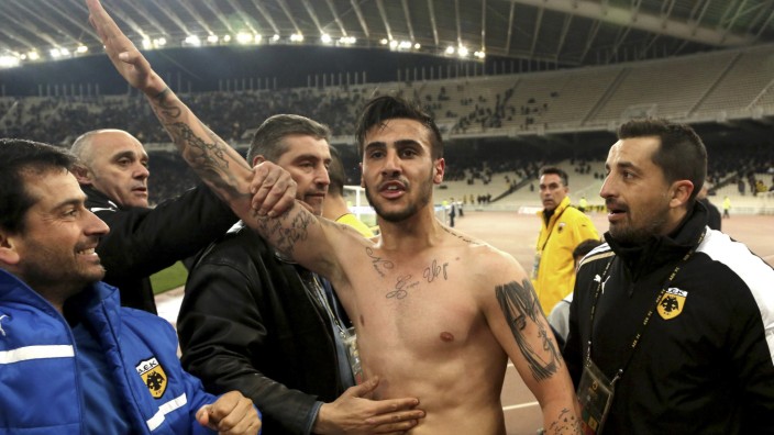 AEK Athens' Giorgos Katidis celebrates a goal during a Super League soccer match against Veria at the Olympic stadium in Athens