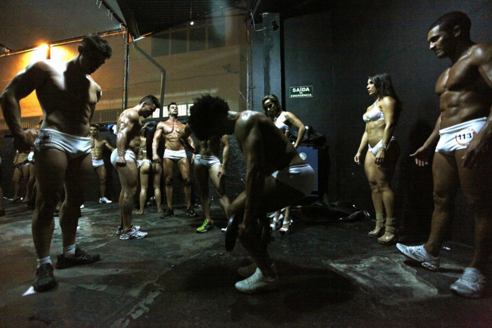 Competitors prepare backstage during the Sao Paulo Beauty and Fitness men and women competition in Sao Paulo