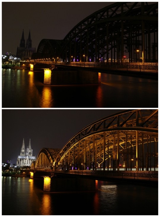 Combination photo shows UNESCO World heritage, the Cologne Cathedral and the Hohenzollern railways bridge along the river Rhine during and before Earth Hour in Cologne