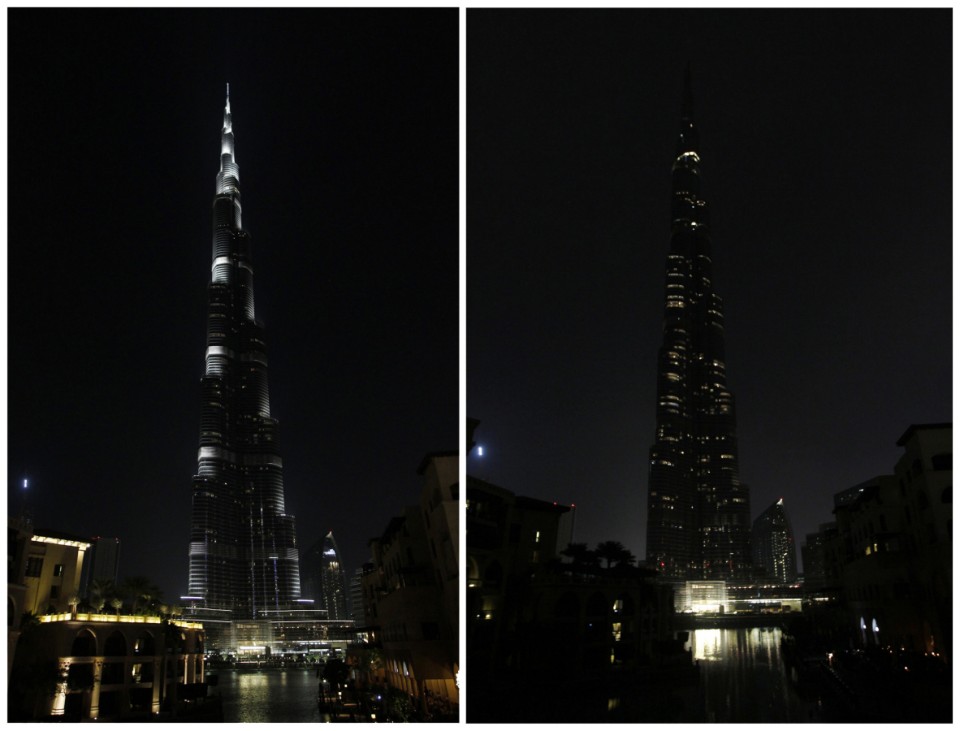 A combination photo shows Burj Khalifa before and during Earth Hour in Dubai