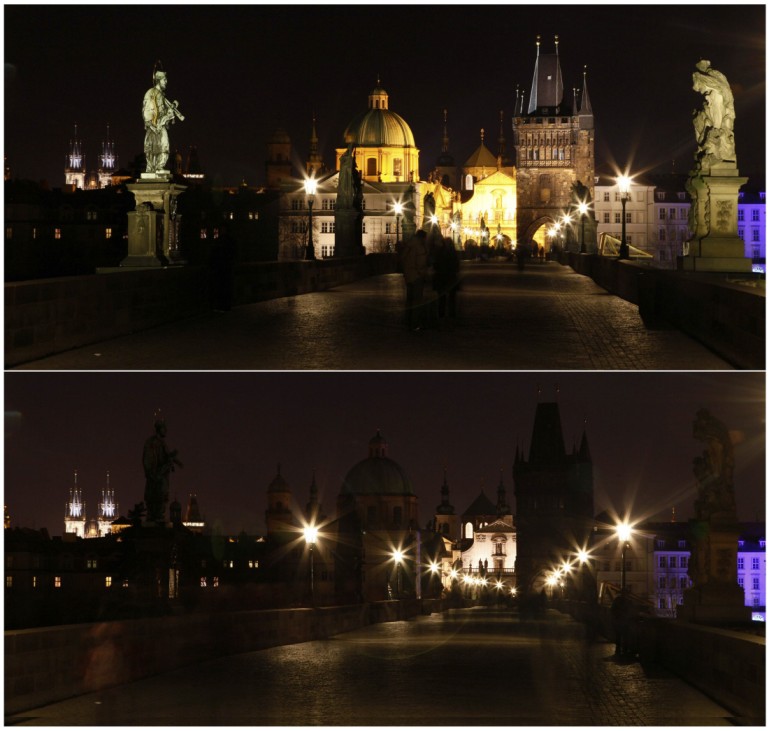 A combination of pictures shows the medieval Charles Bridge in Prague before and during Earth Hour