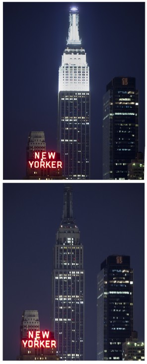 Combo photo of the Empire State Building during and after Earth Hour in New York