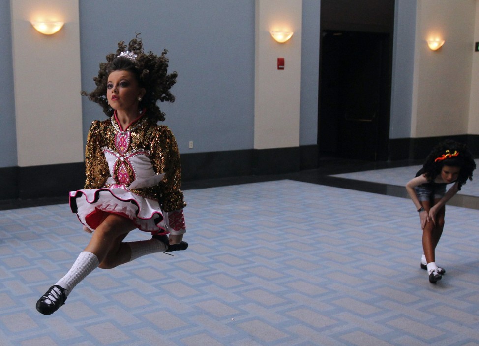 Competitors warm up in the hallway at the World Irish Dancing Championships in Boston