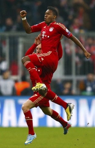 Bayern Munich's Ribery and Alaba celebrate Alaba's goal against Juventus during their Champions League quarter-final first leg soccer match in Munich