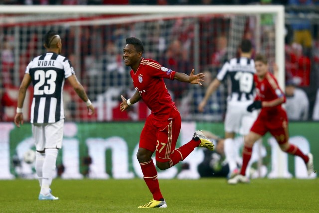 Bayern Munich's Alaba celebrates a goal against Juventus during their Champions League quarter-final first leg soccer match in Munich