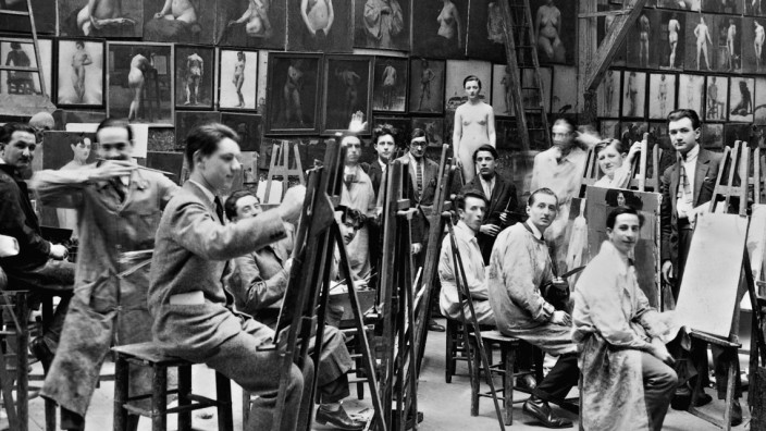 Schüler einer Pariser Kunstakademie beim Aktzeichnen, 1929