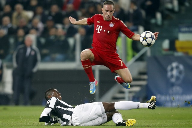 Bayern Munich's Ribery and Pogba of Juventus fight for the ball during their Champions League quarter-final second leg soccer match in Turin