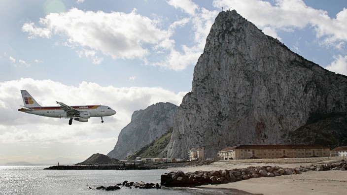 Iberia aircraft comes in to land during a test at an airport in Gibraltar