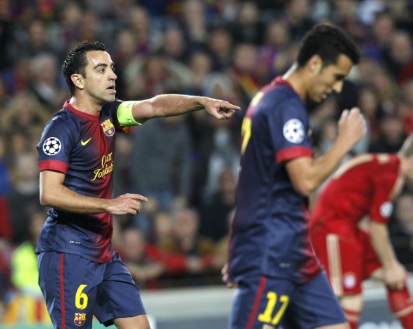 Bayern Munich's Hernandez points during Champions League semi-final second leg soccer match against Bayern Munich in Barcelona