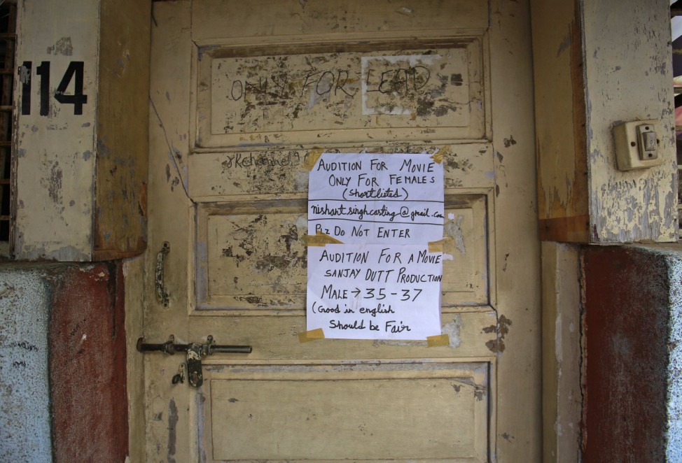 A notice for Bollywood film auditions is seen outside a closed studio in Mumbai