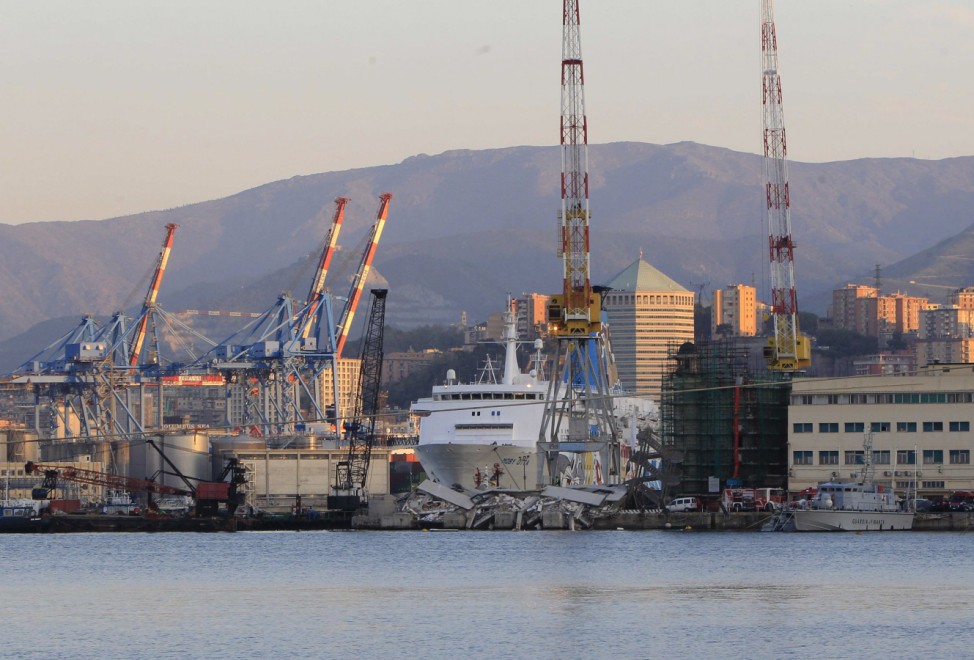 The collapsed control tower is pictured at Genoa's port harbour