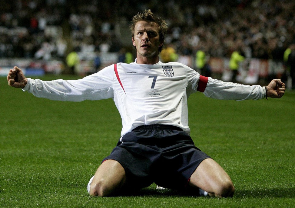 File photo of England's Beckham celebrating goal against Azerbaijan in World Cup qualifying soccer match in Newcastle