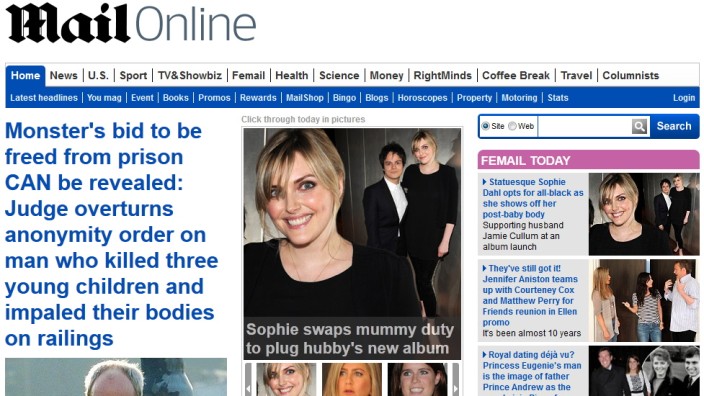 Online-Portal der "Daily Mail": Mail Online, wie es im Internet aussieht: Wichtig ist die rechte Klatsch-Spalte