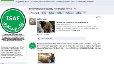 Facebook, Twitter, YouTube: Der Screenshot  zeigt das Profil der Internationalen Schutzgruppe (ISAF) beim Internet-Netzwerk Facebook. Vor der Afghanistan-Wahl am 20. August tobt der Krieg um Afghanistan auch virtuell.