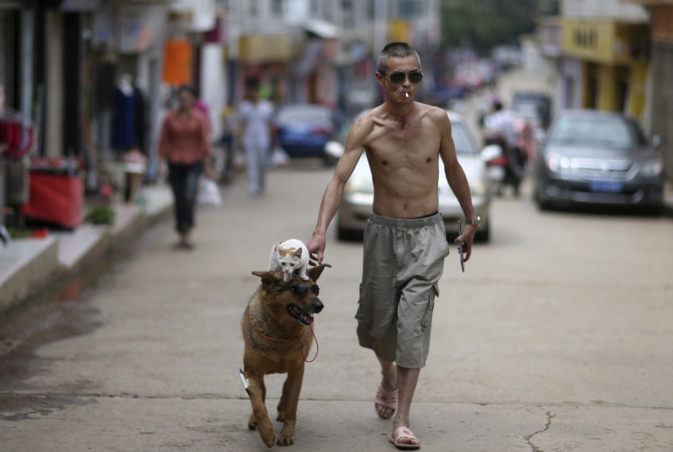 Xu Jin, 42, walks with his dog Wangcai and cat Mimi on a street in Kunming