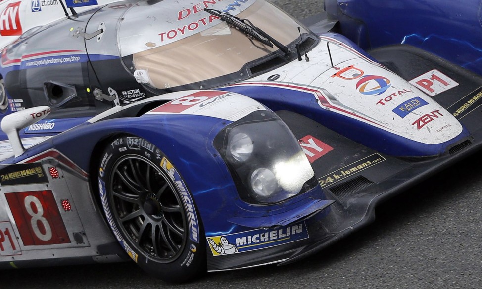 France's Sarrazin drives his Toyota Ts 030 - Hybrid Number 8 during the Le Mans 24-hour sportscar race in Le Mans