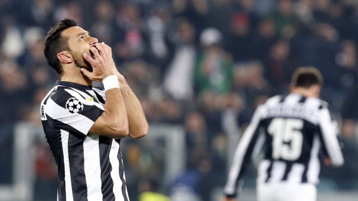 Quagliarella of Juventus reacts after missing a goal opportunity against Bayern Munich during their Champions League quarter-final second leg soccer match in Turin