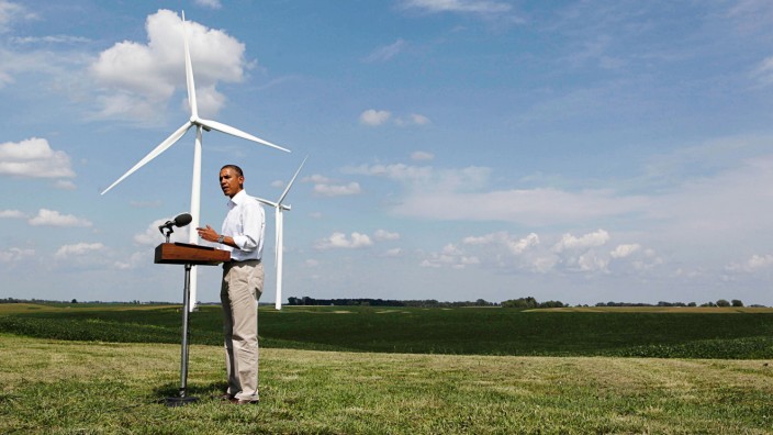 U.S. President Obama delivers a statement to media about energy on the Heil Family Farm while in Haverhill