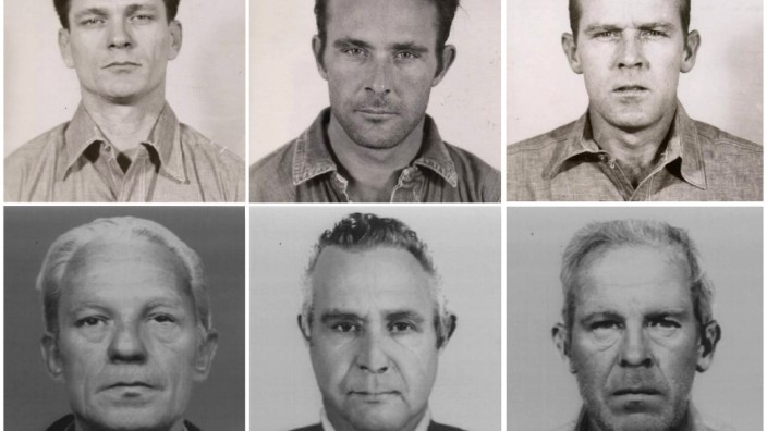 Combination of mug shot of convicts Frank Lee Morris, Clarence Anglin and John Anglin, who escaped Alcatraz Island 50 years ago