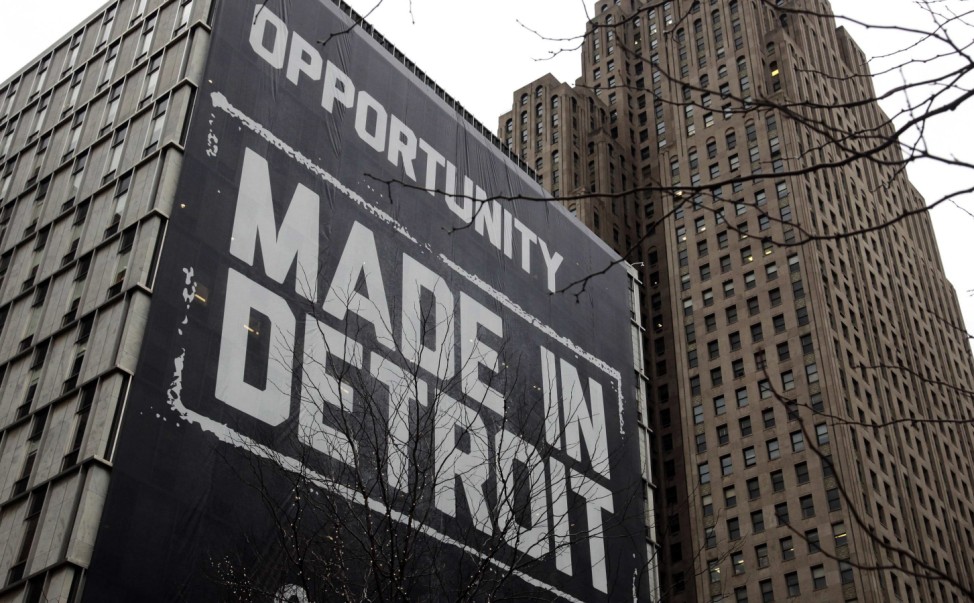 File photo of a large 'Opportunity Made In Detroit' banner on the side of a building in downtown Detroit