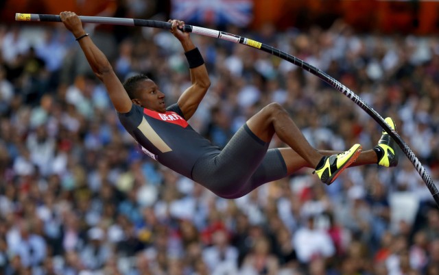 Germany's Raphael Holzdeppe competes in the men's pole vault final at the London 2012 Olympic Games