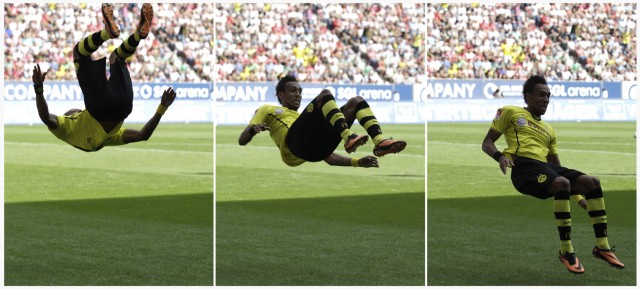 A combination photo shows Borussia Dortmund's Aubameyang celebrating his goal during the German first division Bundesliga soccer match against FC Augsburg in Augsburg