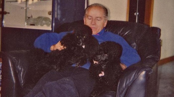James 'Whitey' Bulger is pictured with girlfriend Catherine Grieg's dogs in this undated photo provided to the court as evidence by Bulger's defence team