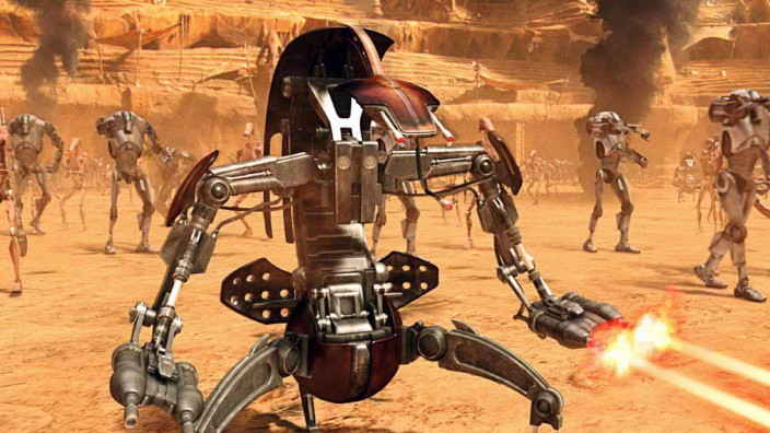 Kampfroboter: Seelenlose Tötungsmaschinen: Eine Armee von Kampfrobotern aus dem Film Star Wars: Episode II - Angriff der Klonkrieger